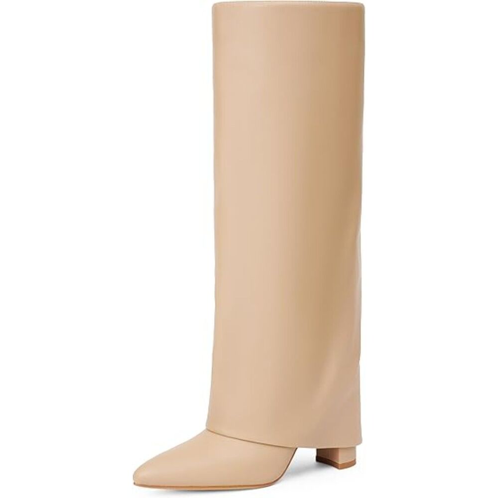 Women's Nude Rubber Sole Pointed Toe Side Zipper Chunky Heels Knee High Boots